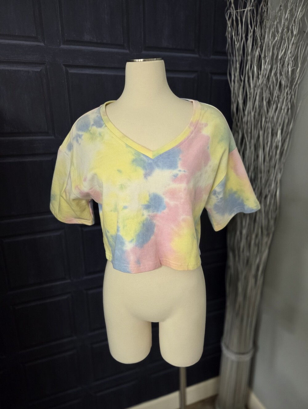 She And Sky Tye Dye Crop Top With Yellow, Pink, And Blue